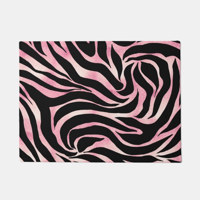 Elegant Rose Gold Glitter Zebra Black Animal Print Doormat (Front)