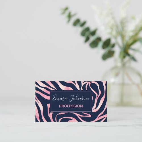 Elegant Rose Gold Glitter Zebra Blue Animal Print Business Card