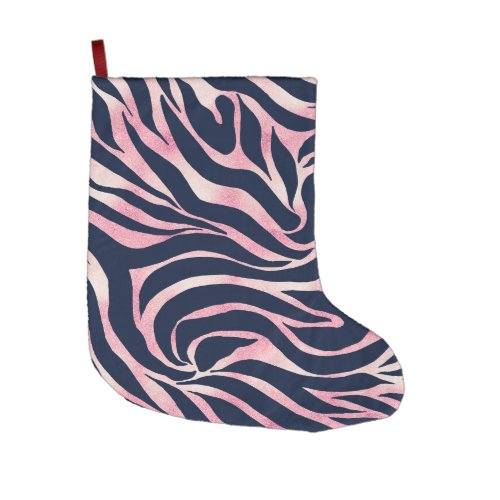 Elegant Rose Gold Glitter Zebra Blue Animal Print Large Christmas Stocking