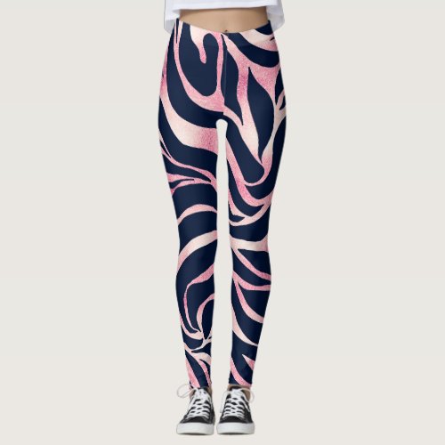 Elegant Rose Gold Glitter Zebra Blue Animal Print Leggings