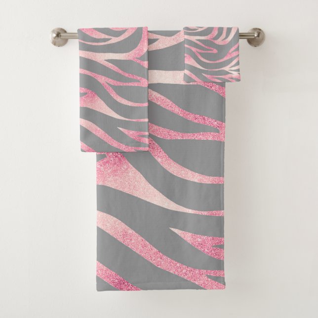 Elegant Rose Gold Glitter Zebra Gray Animal Print Bath Towel Set (Insitu)