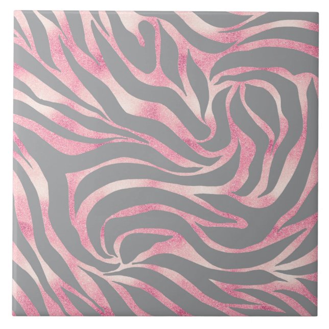 Elegant Rose Gold Glitter Zebra Gray Animal Print Ceramic Tile (Front)