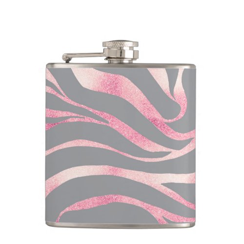 Elegant Rose Gold Glitter Zebra Gray Animal Print Flask