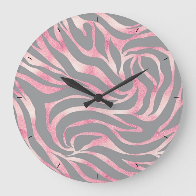 Elegant Rose Gold Glitter Zebra Gray Animal Print Large Clock (Front)
