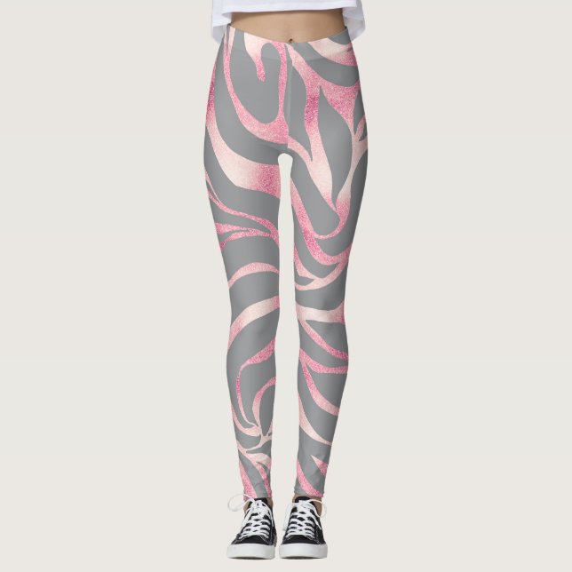 Elegant Rose Gold Glitter Zebra Gray Animal Print Leggings (Front)