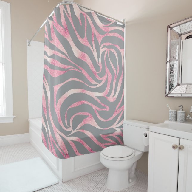 Elegant Rose Gold Glitter Zebra Gray Animal Print Shower Curtain (In Situ)