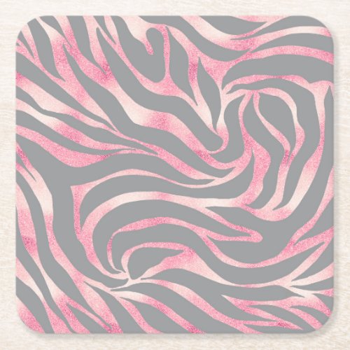 Elegant Rose Gold Glitter Zebra Gray Animal Print Square Paper Coaster