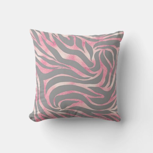 Elegant Rose Gold Glitter Zebra Gray Animal Print Throw Pillow