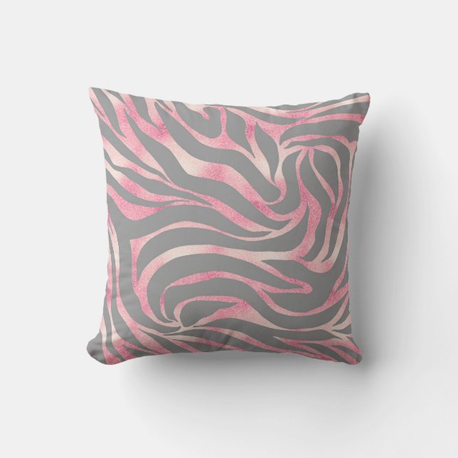 Elegant Rose Gold Glitter Zebra Gray Animal Print Throw Pillow (Front)