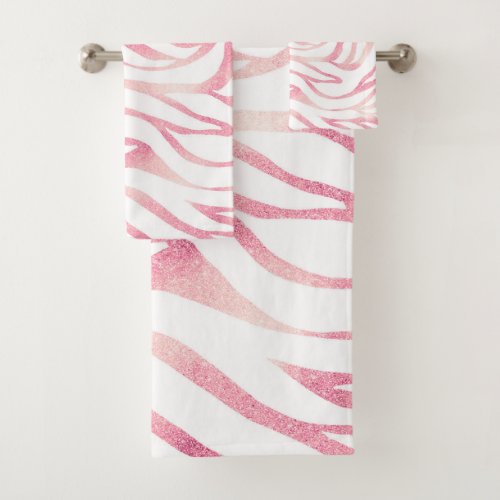 Elegant Rose Gold Glitter Zebra White Animal Print Bath Towel Set