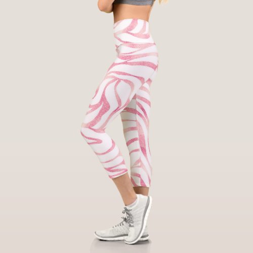 Elegant Rose Gold Glitter Zebra White Animal Print Capri Leggings