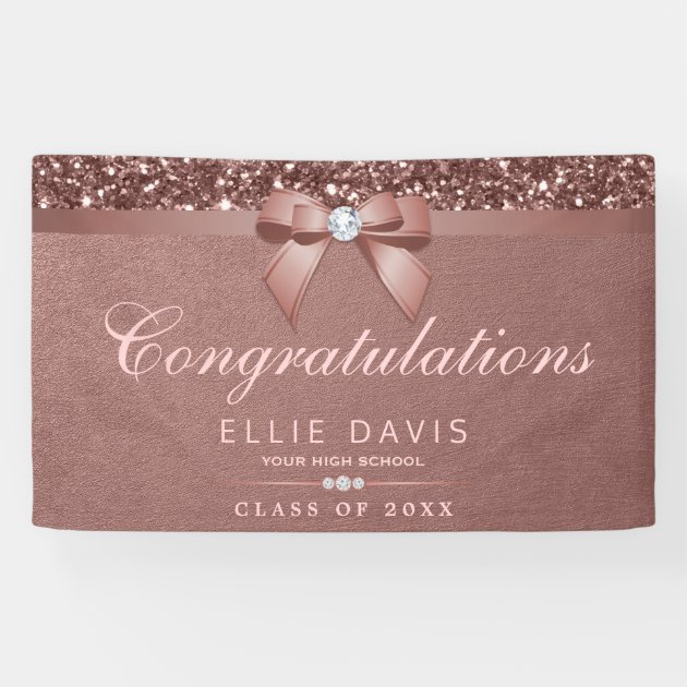 Elegant Rose Gold Graduation Diamonds Bow Glitter Banner