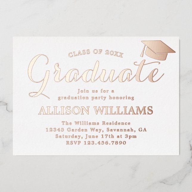 Elegant Rose Gold Graduation Party Foil Invitation (Front)