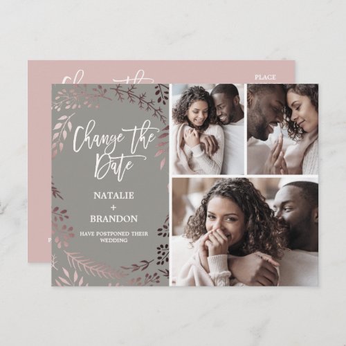 Elegant Rose Gold  Gray 3 Photo Change the Date Announcement Postcard