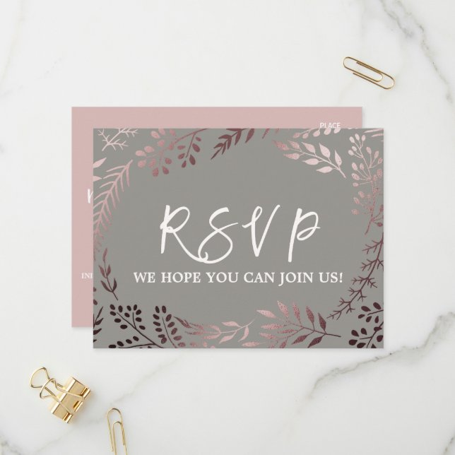 Elegant Rose Gold & Gray Menu Choice RSVP Postcard (Front/Back In Situ)