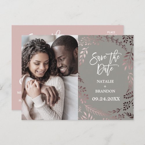 Elegant Rose Gold  Gray Photo Save the Date Announcement Postcard