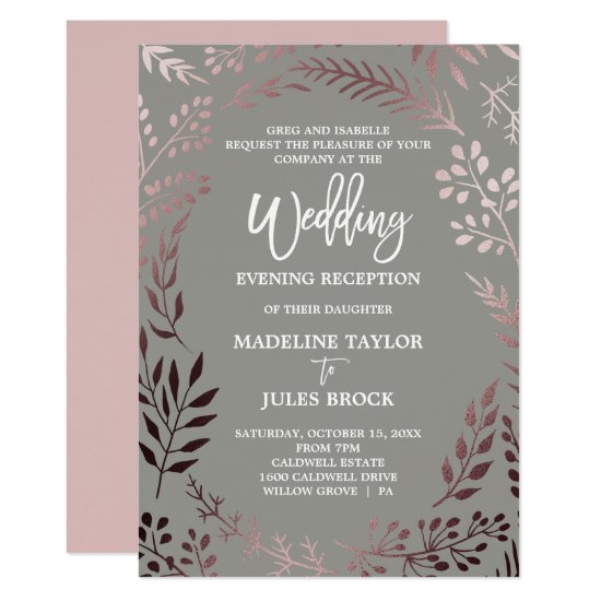 Elegant Rose Gold & Gray Wedding Evening Reception Invitation