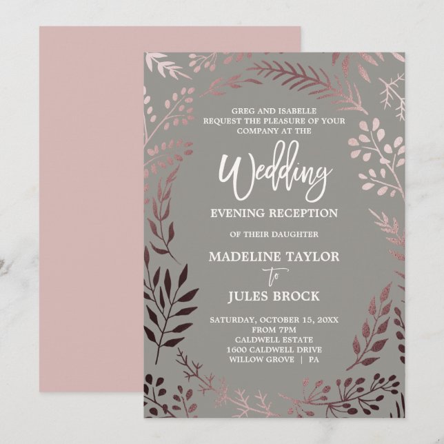 Elegant Rose Gold & Gray Wedding Evening Reception Invitation (Front/Back)