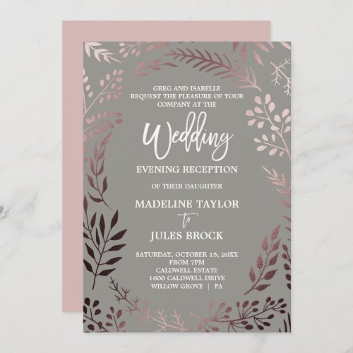 Elegant Rose Gold  Gray Wedding Evening Reception Invitation