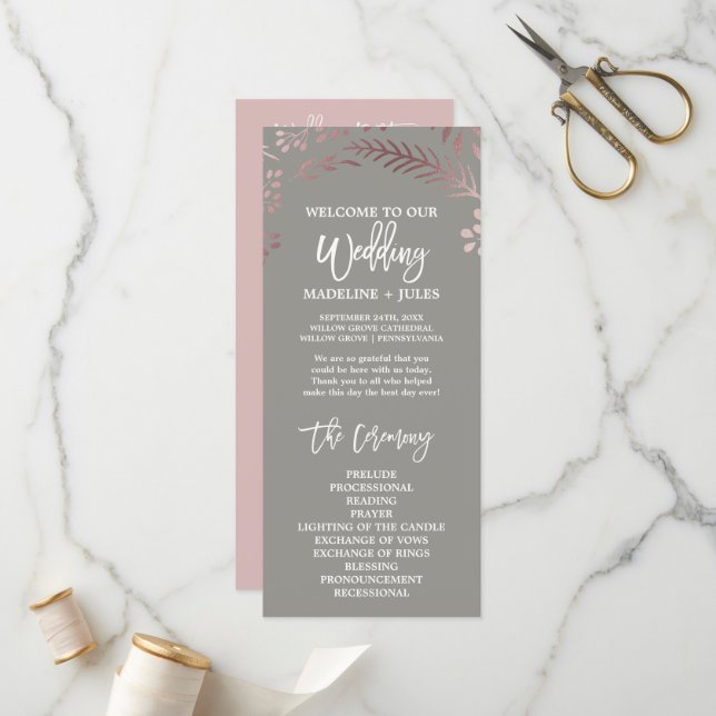Elegant Rose Gold & Gray Wedding Program (Front/Back In Situ)