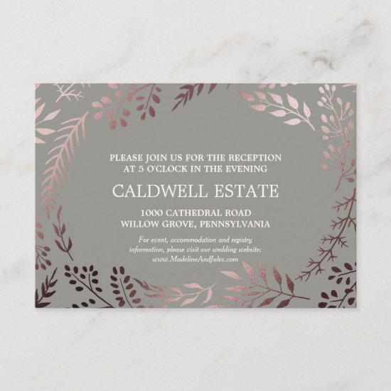 Elegant Rose Gold & Gray Wedding Reception Card