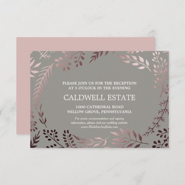 Elegant Rose Gold & Gray Wedding Reception Card (Front/Back)