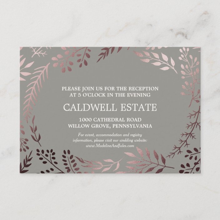 Elegant Rose Gold Gray Wedding Reception Card Zazzle Com