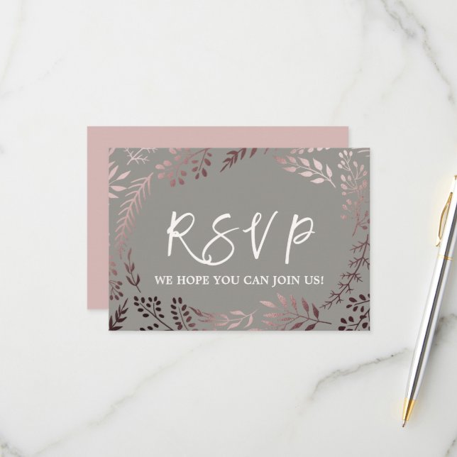 Elegant Rose Gold & Gray Wedding Website RSVP Card (Front/Back In Situ)