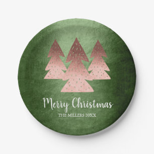 Elegant rose gold & green Merry Christmas tree Paper Plates