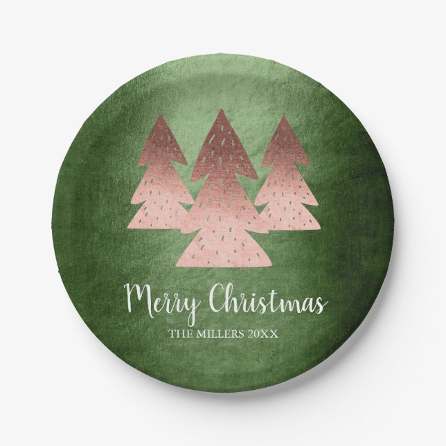Elegant rose gold & green Merry Christmas tree Paper Plates (Front)