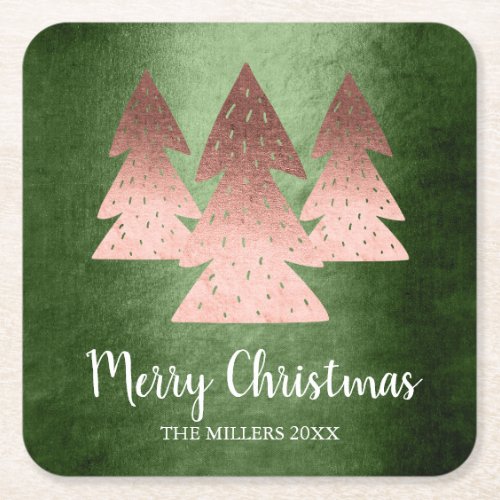 Elegant rose gold  green Merry Christmas tree Square Paper Coaster