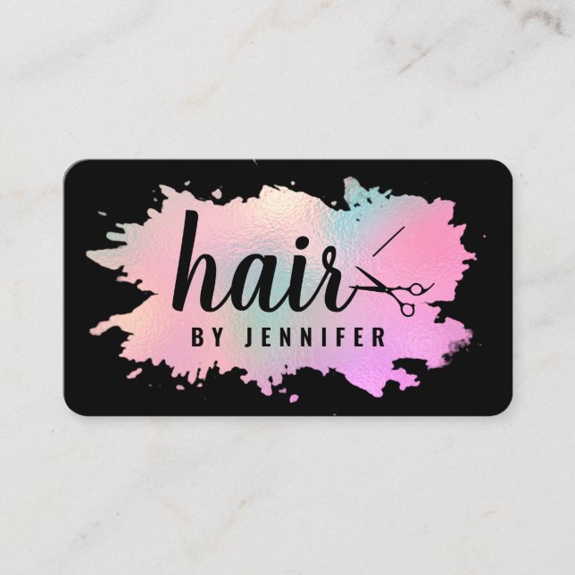 Elegant rose gold & green scissors hairstylist business card (Front)