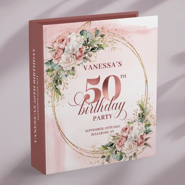 Elegant Rose Gold Greenery 50th Birthday Memory   3 Ring Binder (Elegant Rose Gold Greenery 50th Birthday Memory Book)