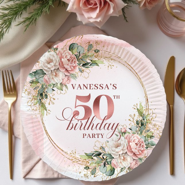 Elegant Rose Gold Greenery 50th Birthday Paper  Paper Plates (Elegant Rose Gold Greenery 50th Birthday Paper Plates)