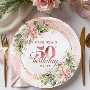 Elegant Rose Gold Greenery 50th Birthday Paper  Plates