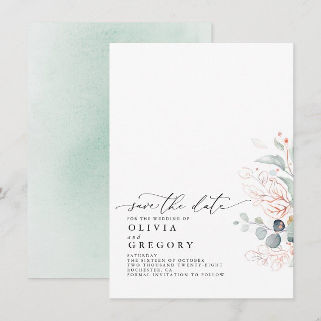 Elegant Rose Gold Greenery Save The Date Announcement (Front/Back)
