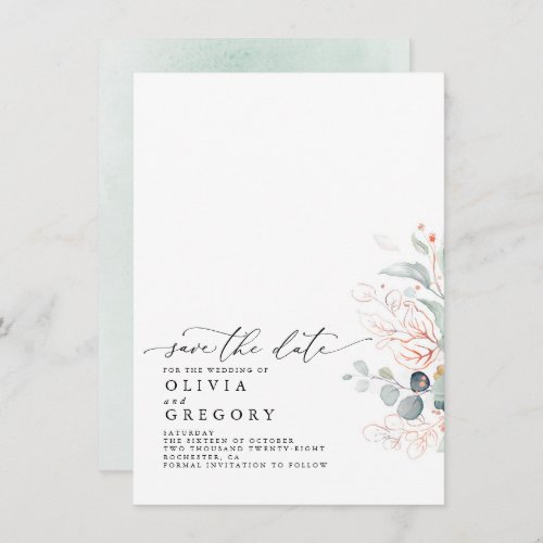 Elegant Rose Gold Greenery Save The Date Announcement