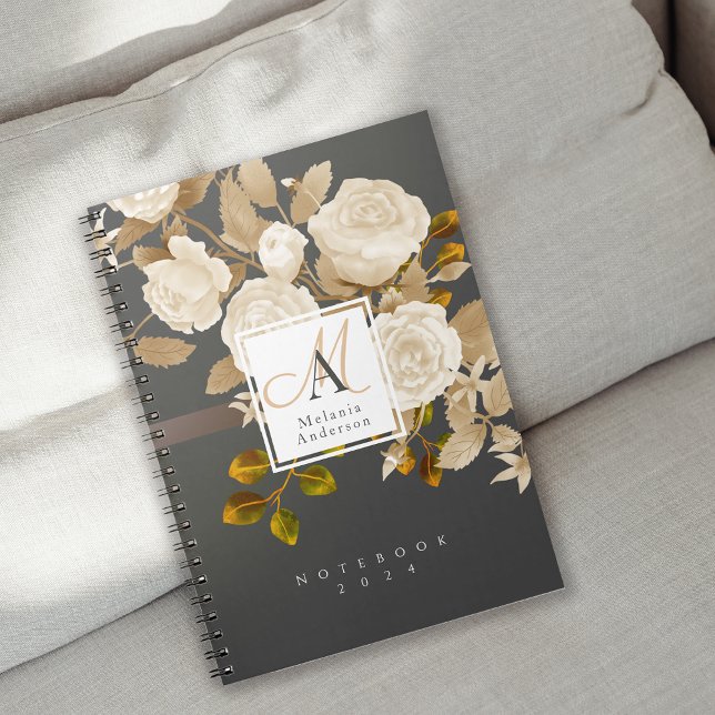 Elegant Rose Gold Grey Monogram Notebook (Romantic Elegant Rose Monogram Notebook.)