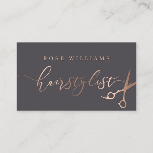 Elegant rose gold  grey scissors hairstylist business card