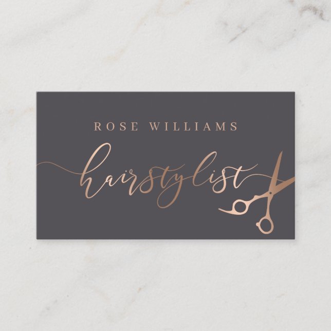 Elegant rose gold & grey scissors hairstylist business card (Front)
