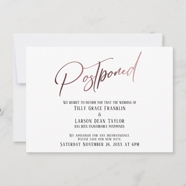 Elegant Rose Gold Handwriting Postponed Wedding Invitation (Front)