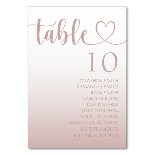 Elegant Rose Gold Heart Gradient Wedding   Table Number