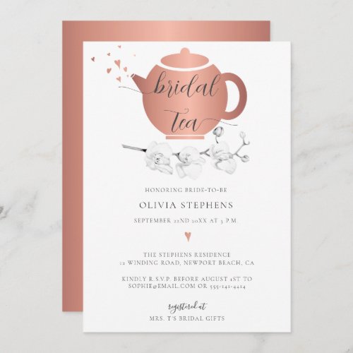 Elegant Rose Gold Hearts Orchid Floral Bridal Tea Invitation