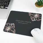 Elegant Rose Gold Hibiscus Flower Mouse Pad<br><div class="desc">Island chic personalized mousepad for your business or home office features two lines of custom text in classic white lettering,  on a soft black background adorned with two tropical hibiscus flower illustrations in faux rose gold foil for a beach glam look.</div>