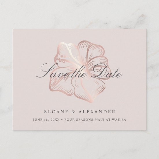 Elegant Rose Gold Hibiscus Wedding Save the Date Announcement Postcard