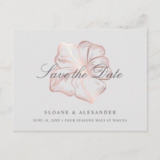 Elegant Rose Gold Hibiscus Wedding Save the Date Announcement Postcard