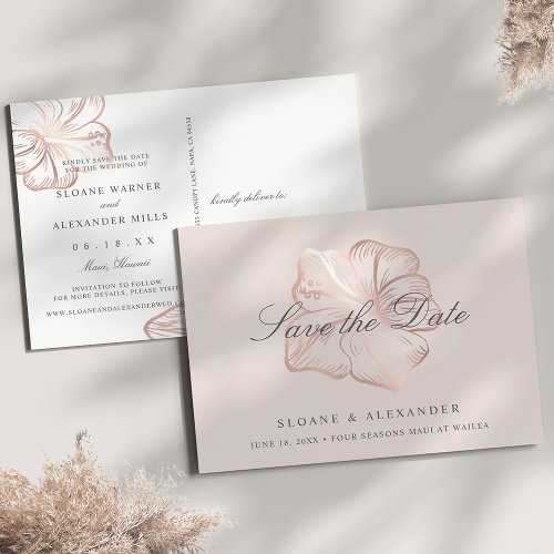 Elegant Rose Gold Hibiscus Wedding Save the Date Announcement Postcard