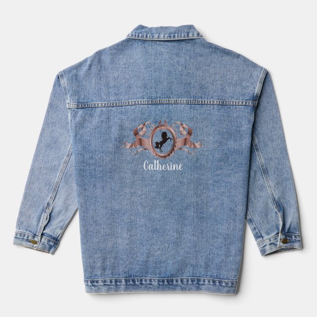 Elegant Rose Gold Horse Ribbon Crest Name Denim Jacket (Back)