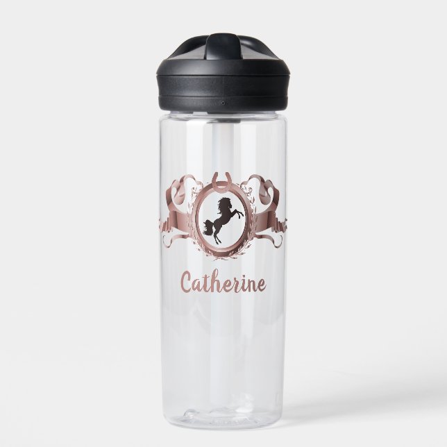 Elegant Rose Gold Horse Ribbon Crest Name Water Bottle (Front)
