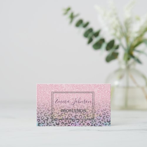 Elegant Rose Gold Iridescent Glitter Leopard Print Business Card